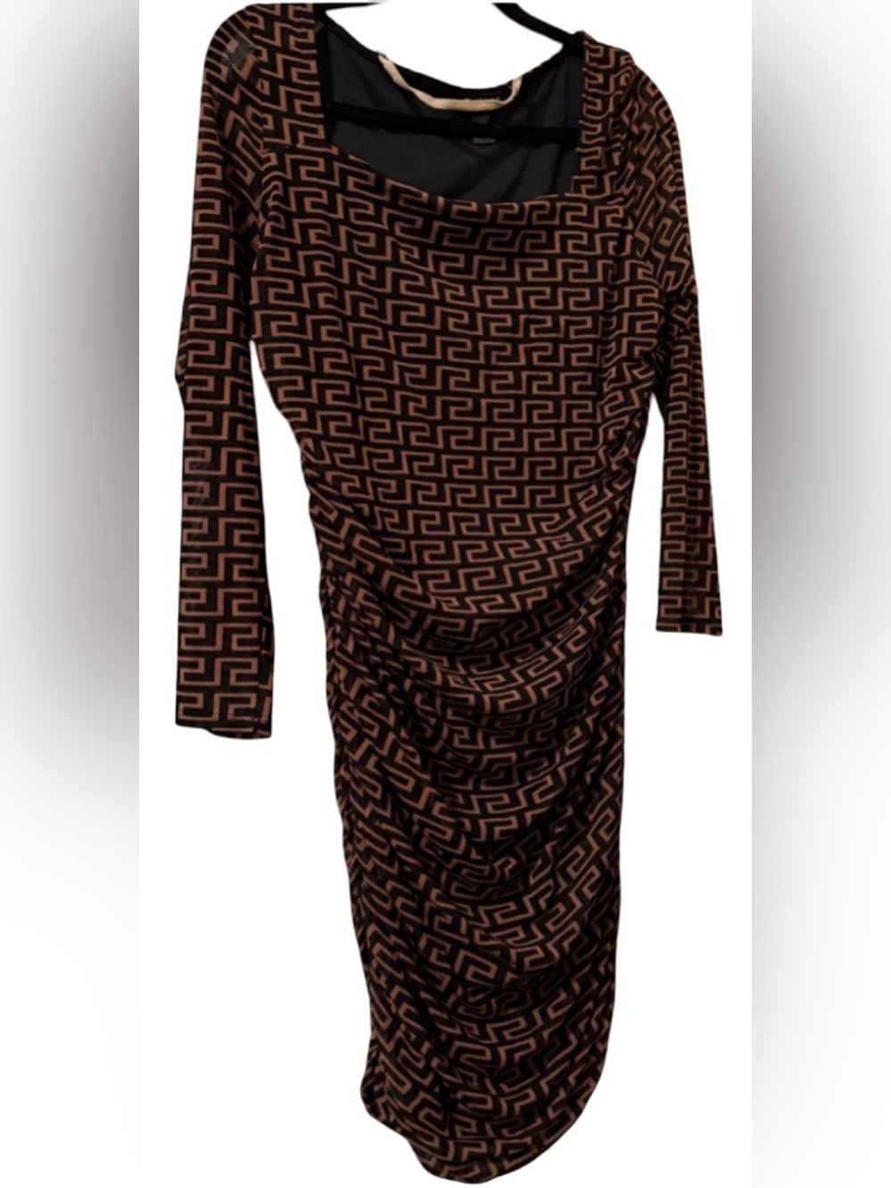 Timing Black Brown Geometric Print Long Sleeve Dress Women's Stretch Midi Dress